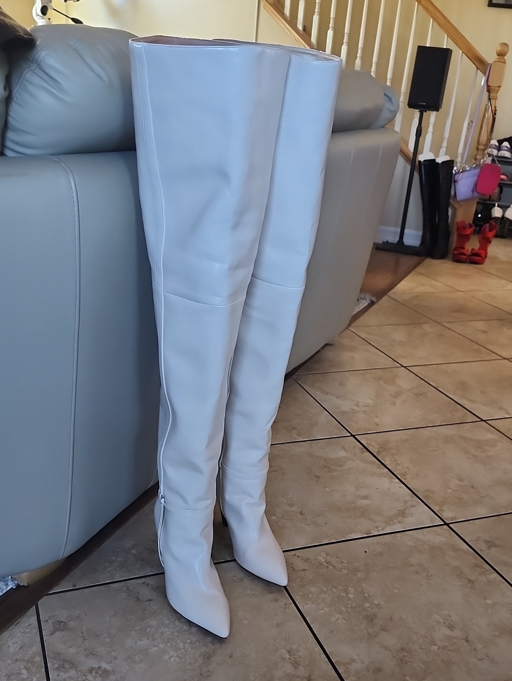 Women's Over-the-Knee Pointed Toe Boots in Off White Size 14w